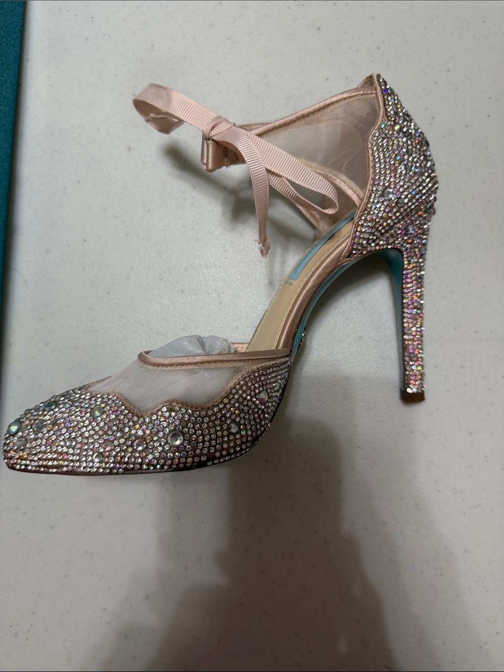 Betsey Johnson Blush Pink Crystal Embellished Tie-Up Heels - Picture 3 of 7